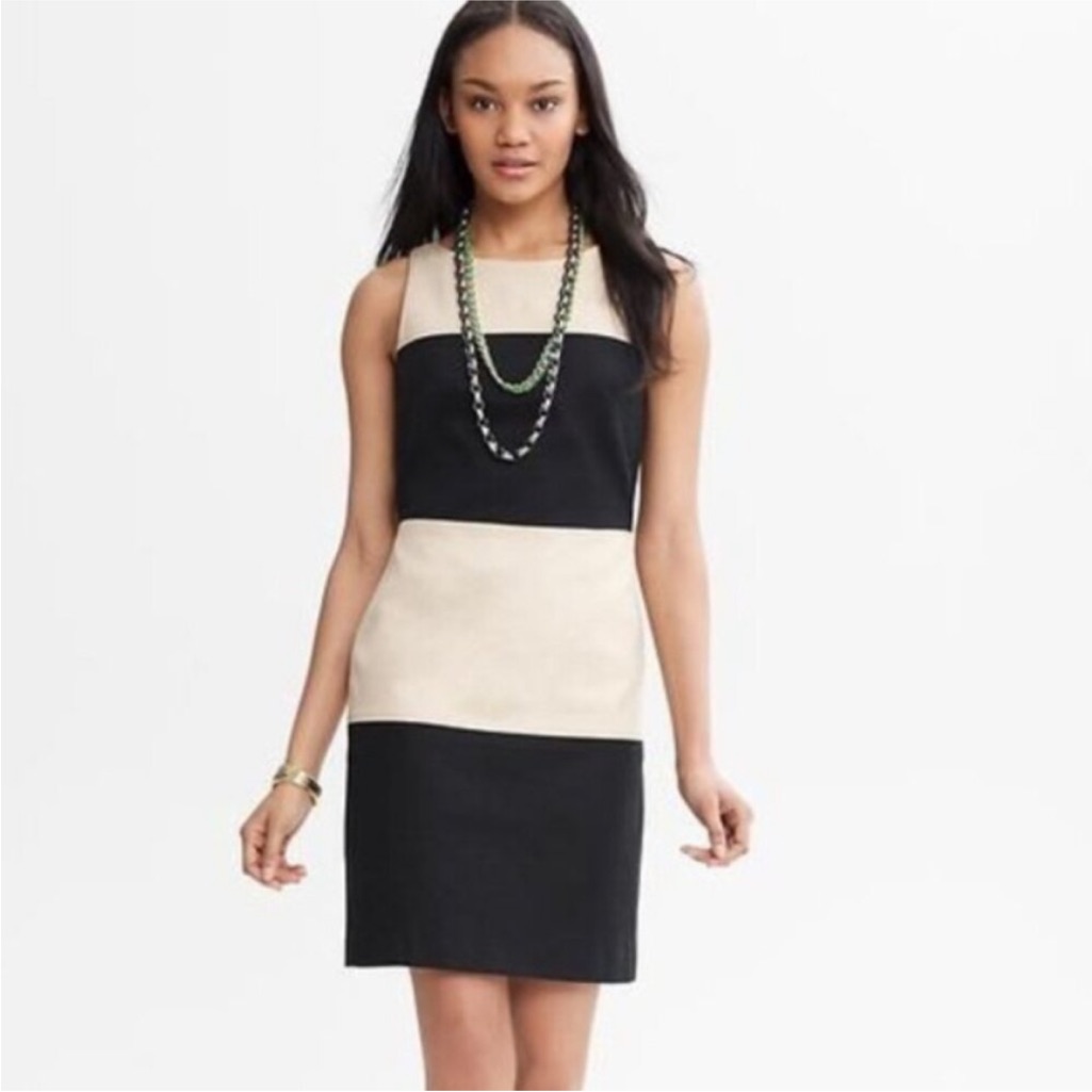 Banana Republic Sleeveless Sheath Dress Woven New Women’s 14 Black Tan Office